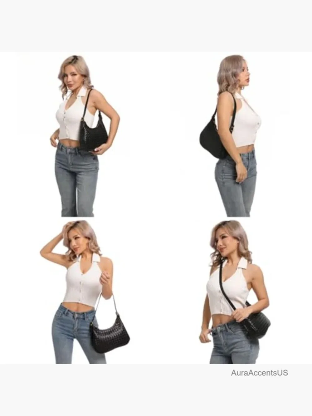 Woven Leather Crossbody Shoulder Bag Hobo Tote Purse Lightweight Zipper